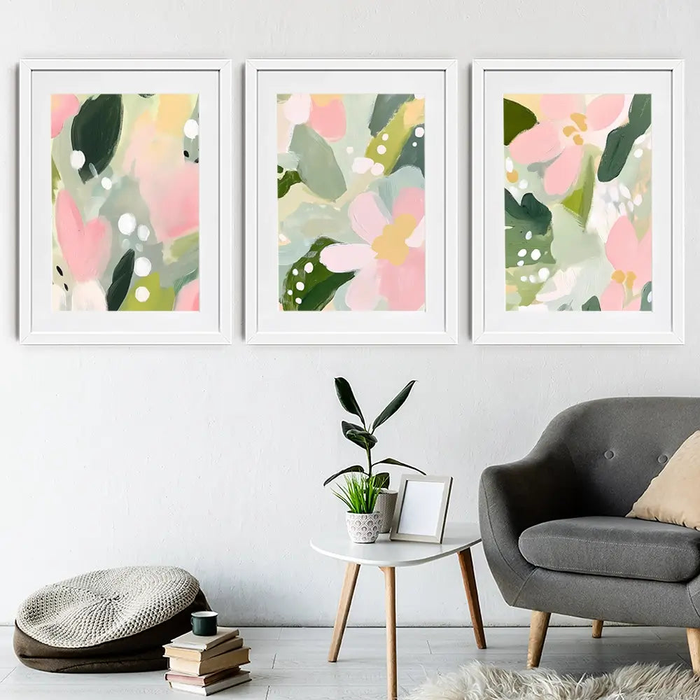 Pink And Green Pops Framed Art Print Trio Pink And Green Pops Framed Art Print Trio wall art product IAmHomeStudio