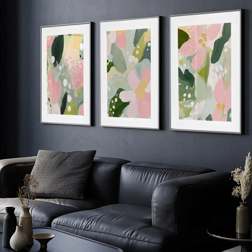 Pink And Green Pops Framed Art Print Trio Pink And Green Pops Framed Art Print Trio wall art product IAmHomeStudio