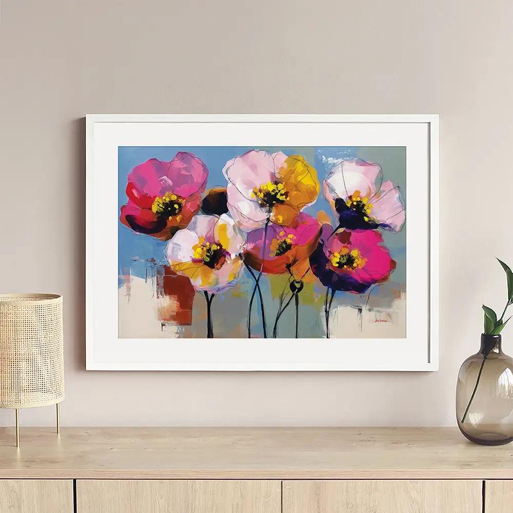 Pink Joyful Flowers Framed Art Print Pink Joyful Flowers Framed Art Print wall art product Leon Devenice