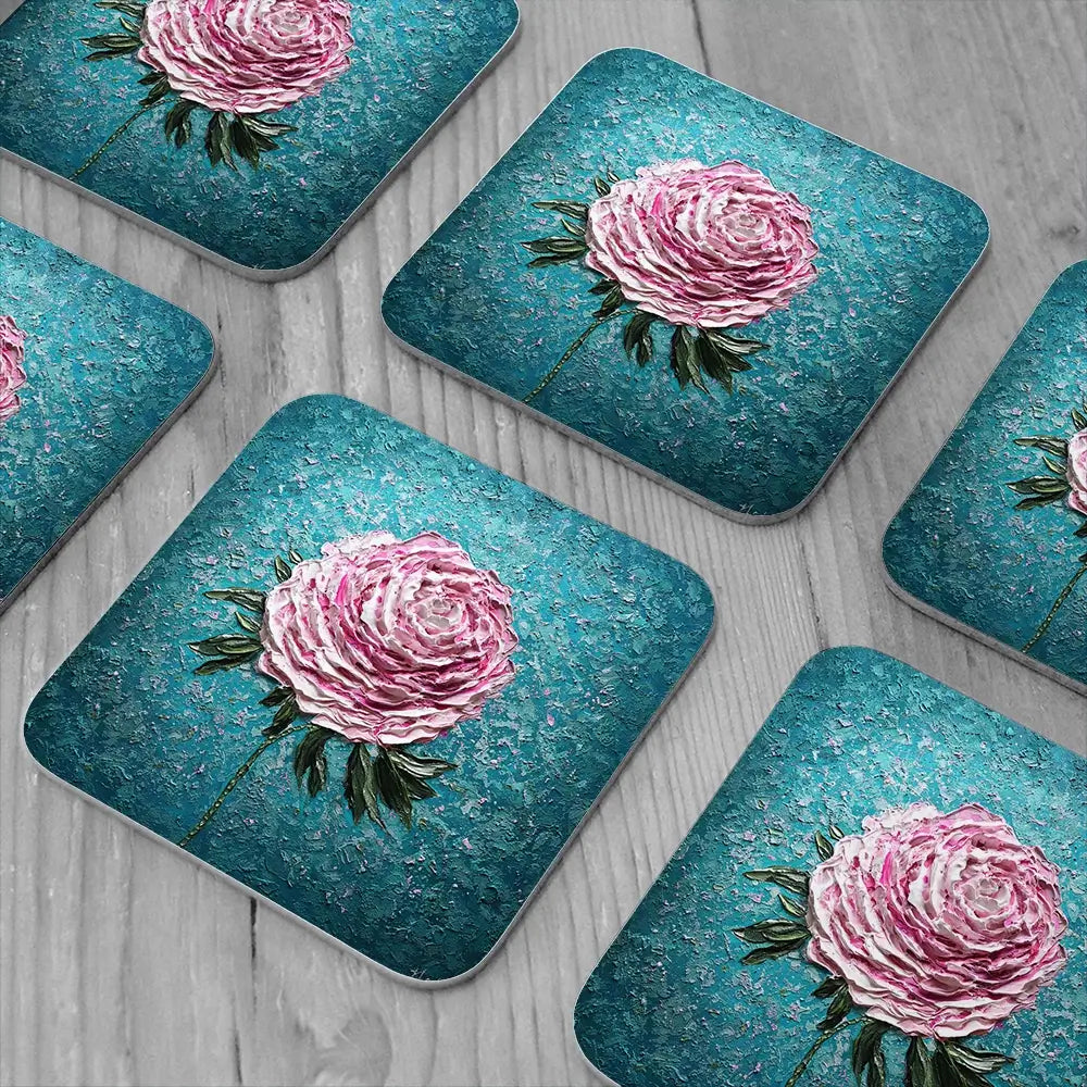Pink Peony On Blue Coaster Set Pink Peony On Blue Coaster Set wall art product Nada Khatib