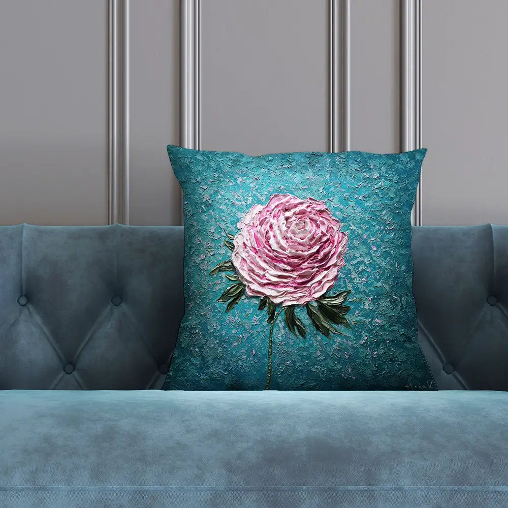Pink Peony On Blue Cushion Pink Peony On Blue Cushion wall art product Nada Khatib