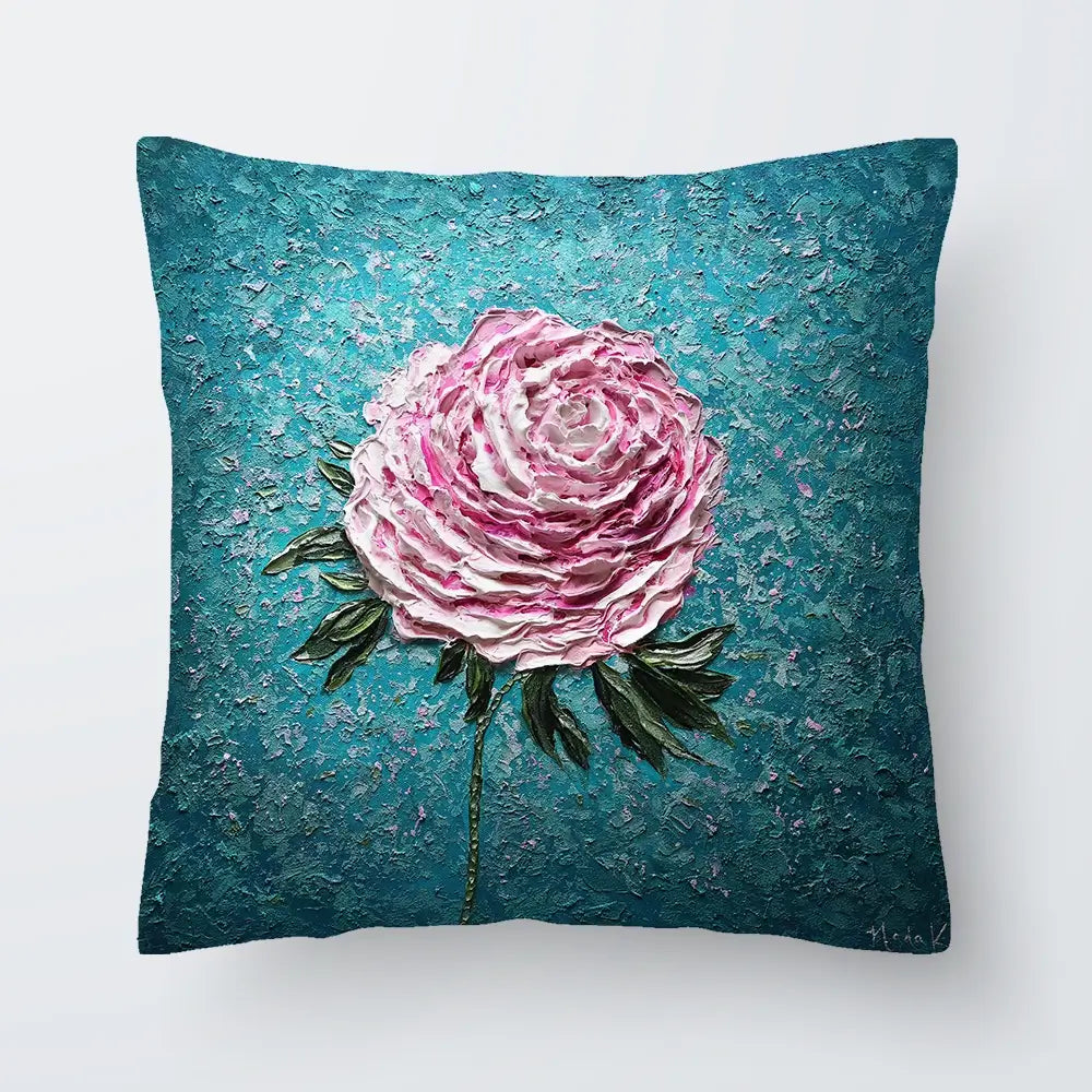 Pink Peony On Blue Cushion Pink Peony On Blue Cushion wall art product Nada Khatib