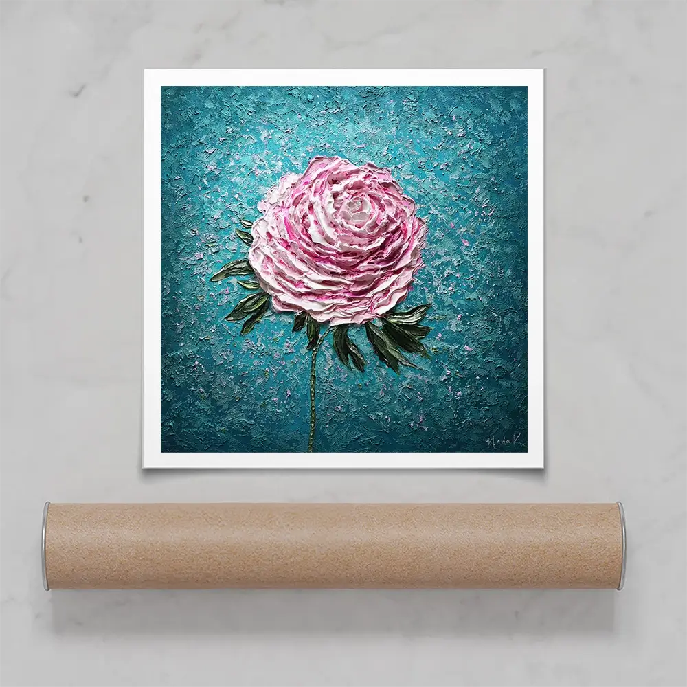 Pink Peony On Blue Square Art Print Pink Peony On Blue Square Art Print wall art product Nada Khatib