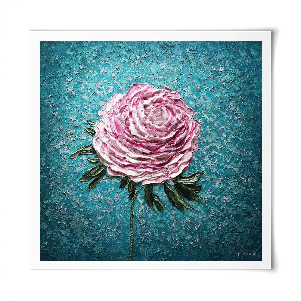 Pink Peony On Blue Square Art Print Pink Peony On Blue Square Art Print wall art product Nada Khatib