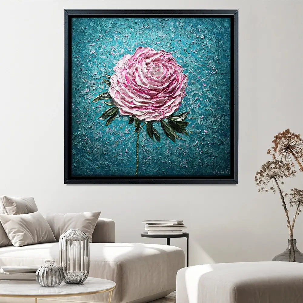 Pink Peony On Blue Square Canvas Print Pink Peony On Blue Square Canvas Print wall art product Nada Khatib