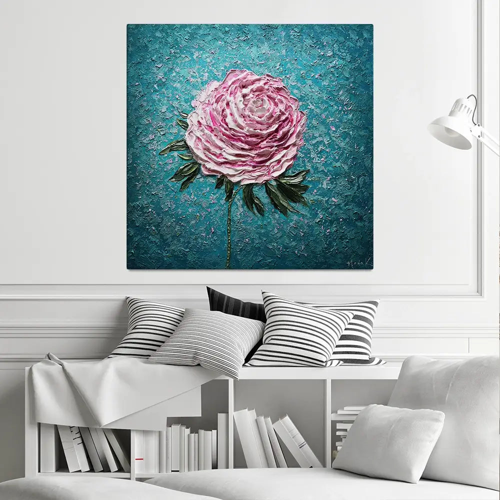 Pink Peony On Blue Square Canvas Print Pink Peony On Blue Square Canvas Print wall art product Nada Khatib