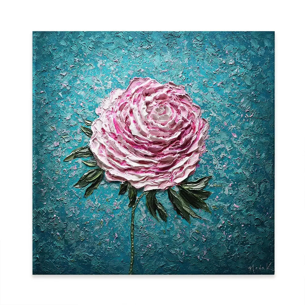 Pink Peony On Blue Square Canvas Print Pink Peony On Blue Square Canvas Print wall art product Nada Khatib