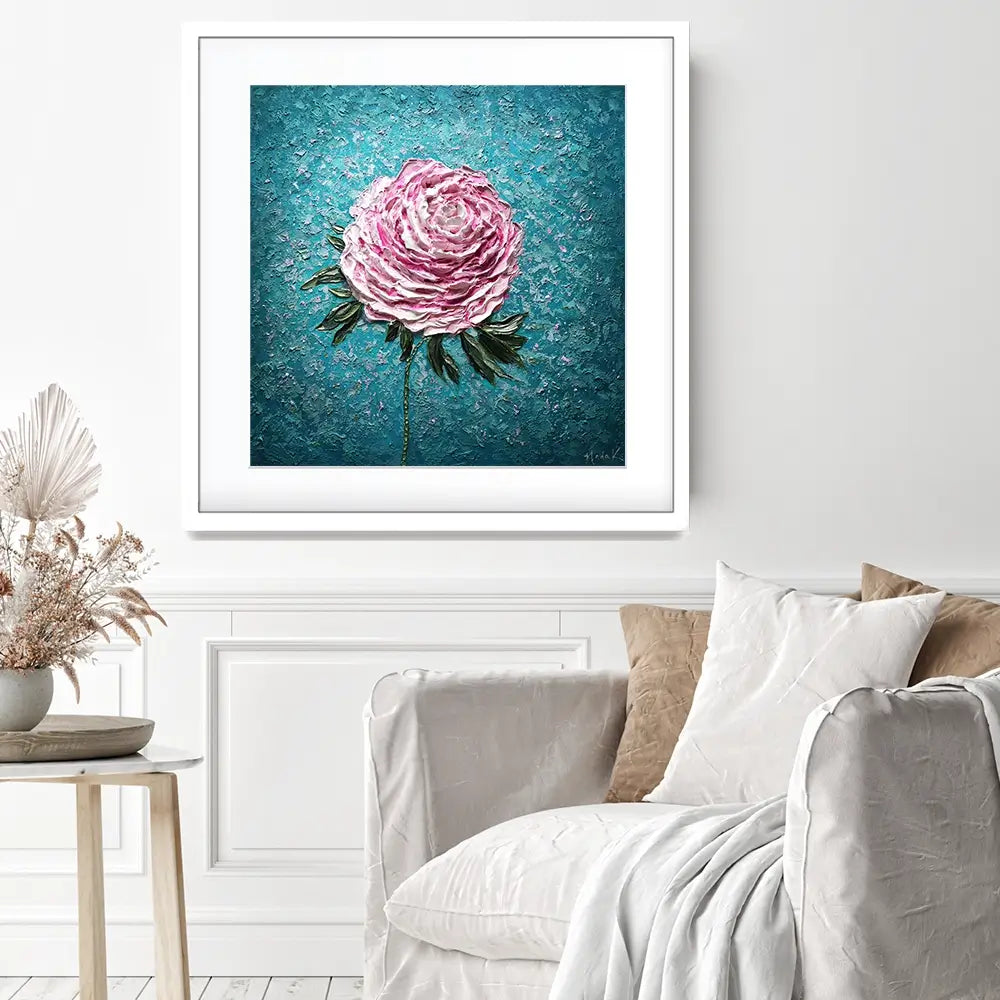 Pink Peony On Blue Square Framed Art Print Pink Peony On Blue Square Framed Art Print wall art product Nada Khatib