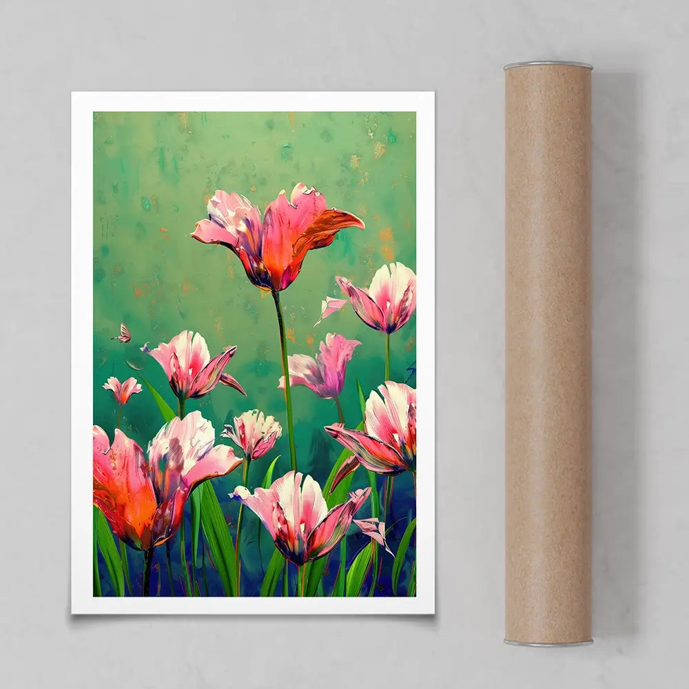 Kunstdruck „Rosa Tulpen“ in leuchtendem Grün