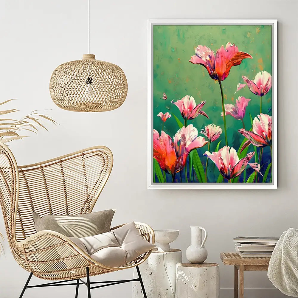 Pink Tulips Vivid Green Canvas Print Pink Tulips Vivid Green Canvas Print wall art product Treechild