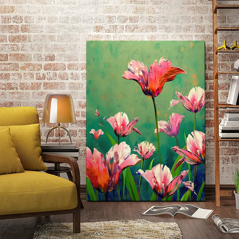 Pink Tulips Vivid Green Canvas Print Pink Tulips Vivid Green Canvas Print wall art product Treechild