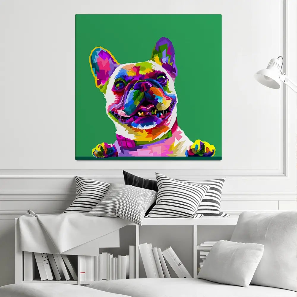 Pop Art Frenchie Square Canvas Print Pop Art Frenchie Square Canvas Print wall art product rainbow zoo / Shutterstock
