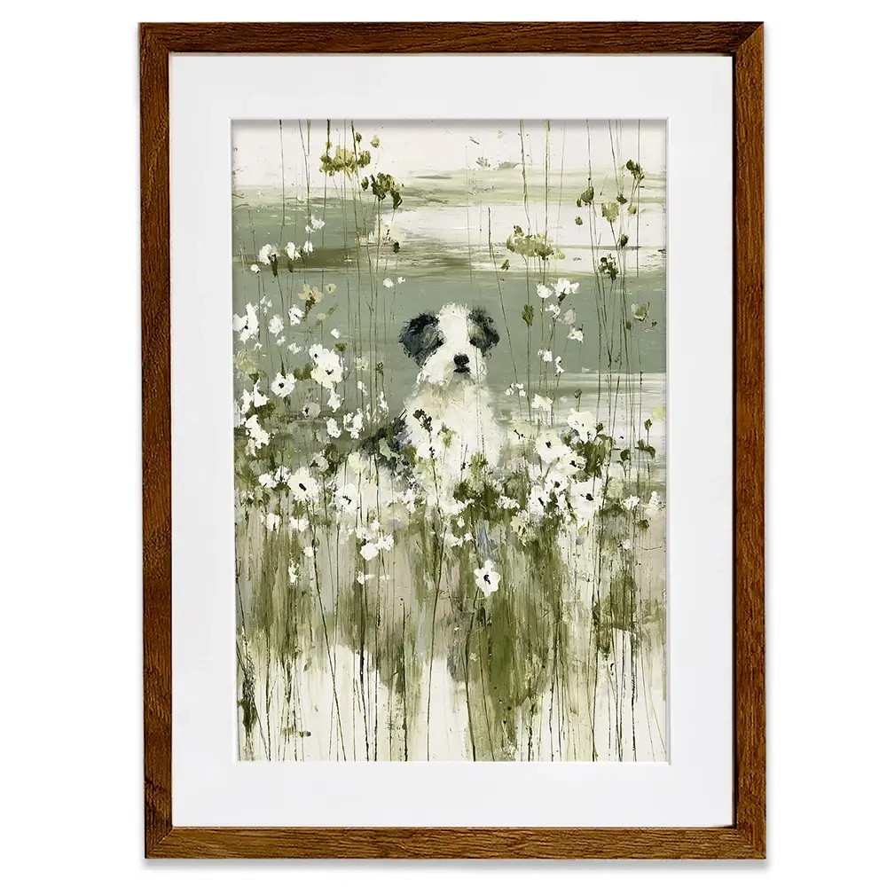 Puppy In The Meadow Framed Art Print Puppy In The Meadow Framed Art Print wall art product Chromatic Storm Studio