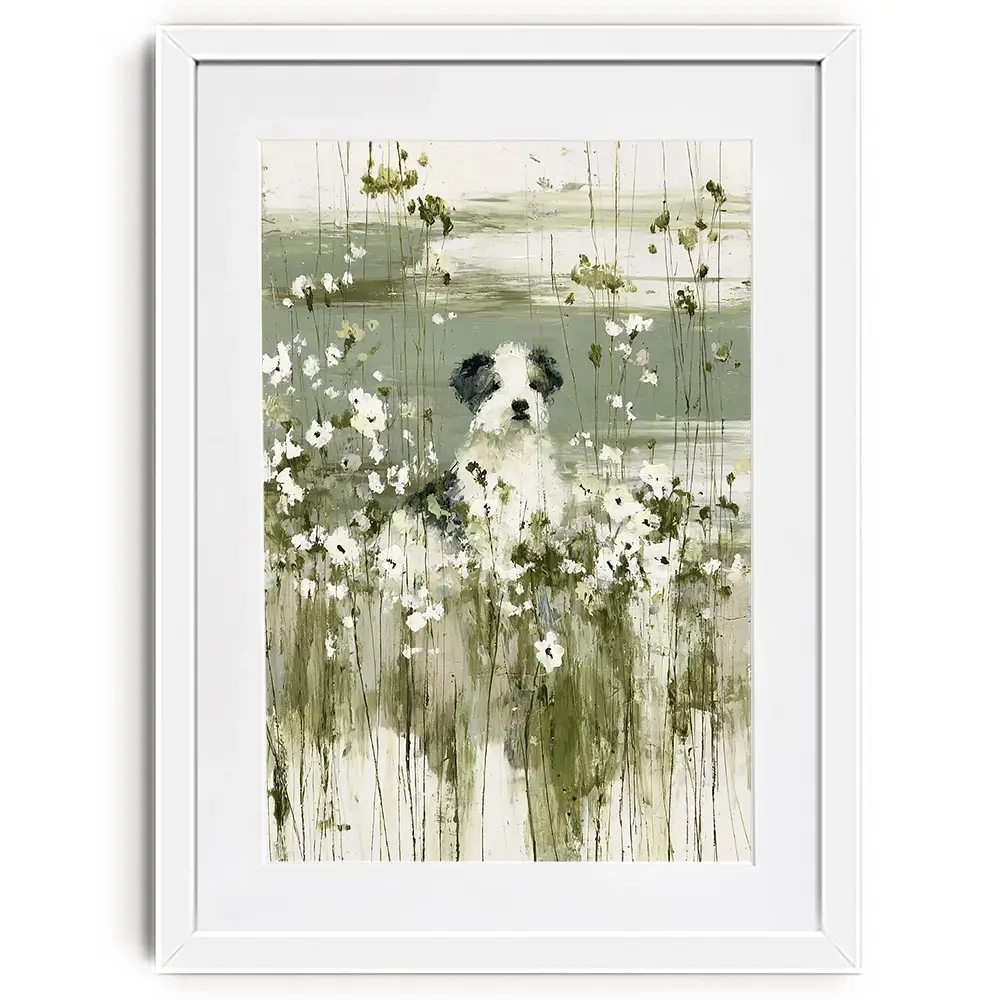Puppy In The Meadow Framed Art Print Puppy In The Meadow Framed Art Print wall art product Chromatic Storm Studio