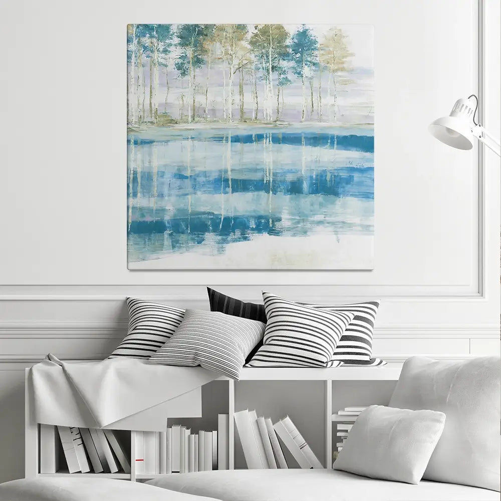 Quiet Lake Tree Reflection Square Canvas Print Quiet Lake Tree Reflection Square Canvas Print wall art product Chromatic Storm Studio