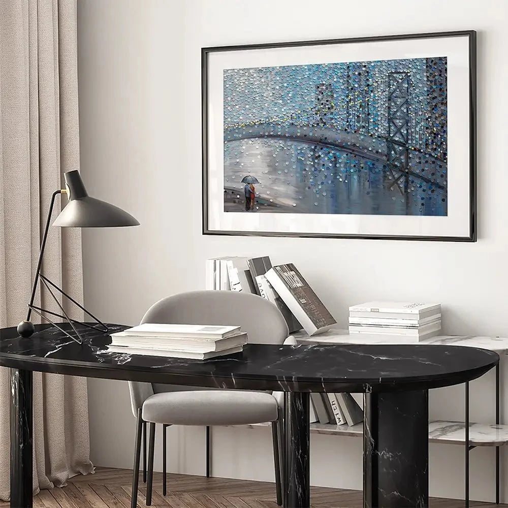 Rainy Date With The Bridge View Framed Art Print Rainy Date With The Bridge View Framed Art Print wall art product Ekaterina Ermilkina