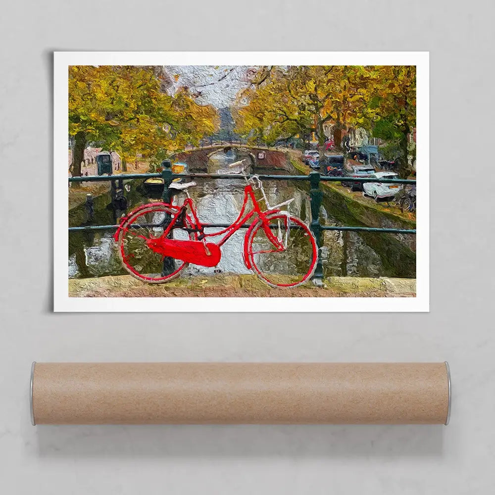 Red Bike In Amsterdam Art Print Red Bike In Amsterdam Art Print wall art product Wut_Moppie / Shutterstock