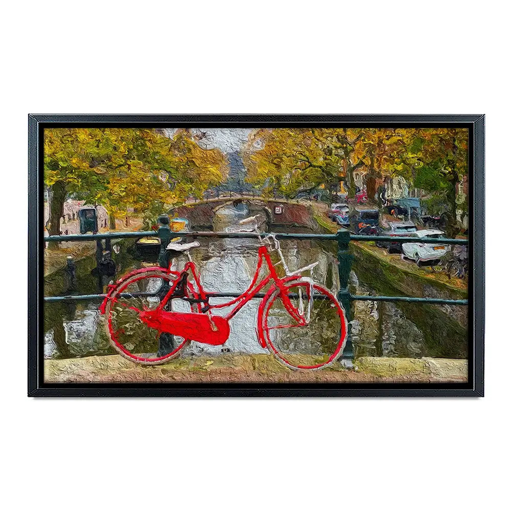 Red Bike In Amsterdam Canvas Print Red Bike In Amsterdam Canvas Print wall art product Wut_Moppie / Shutterstock