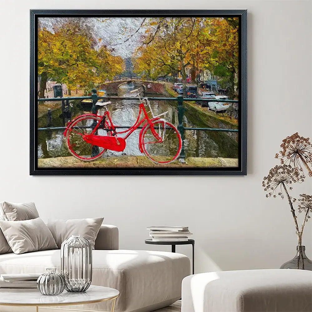 Red Bike In Amsterdam Canvas Print Red Bike In Amsterdam Canvas Print wall art product Wut_Moppie / Shutterstock