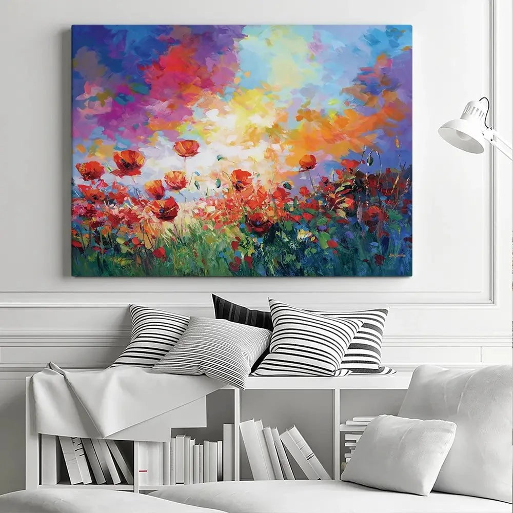 Red Poppy Flower Field At Sunset Canvas Print Red Poppy Flower Field At Sunset Canvas Print wall art product Leon Devenice
