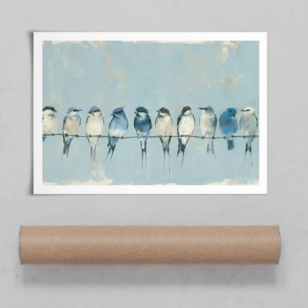 Row Of Birds On Wire Art Print Row Of Birds On Wire Art Print wall art product Chromatic Storm Studio