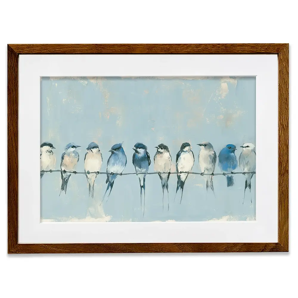 Row Of Birds On Wire Framed Art Print Row Of Birds On Wire Framed Art Print wall art product Chromatic Storm Studio