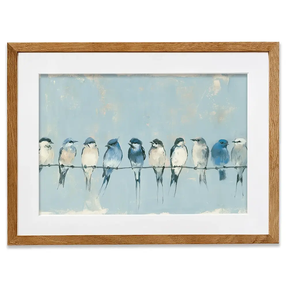 Row Of Birds On Wire Framed Art Print Row Of Birds On Wire Framed Art Print wall art product Chromatic Storm Studio