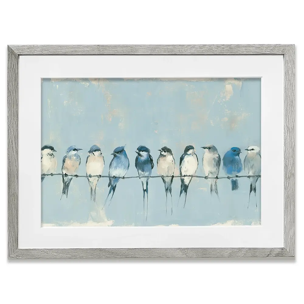 Row Of Birds On Wire Framed Art Print Row Of Birds On Wire Framed Art Print wall art product Chromatic Storm Studio