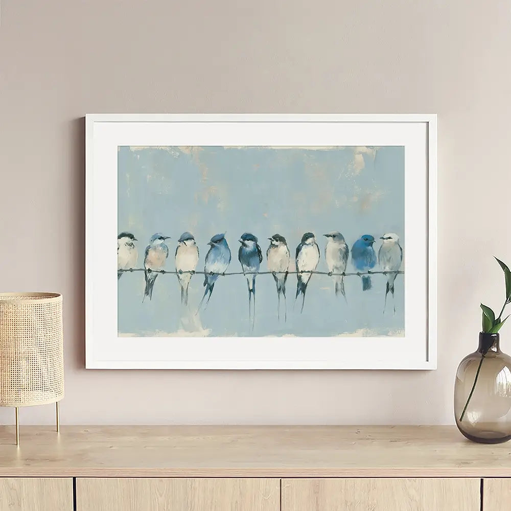 Row Of Birds On Wire Framed Art Print Row Of Birds On Wire Framed Art Print wall art product Chromatic Storm Studio