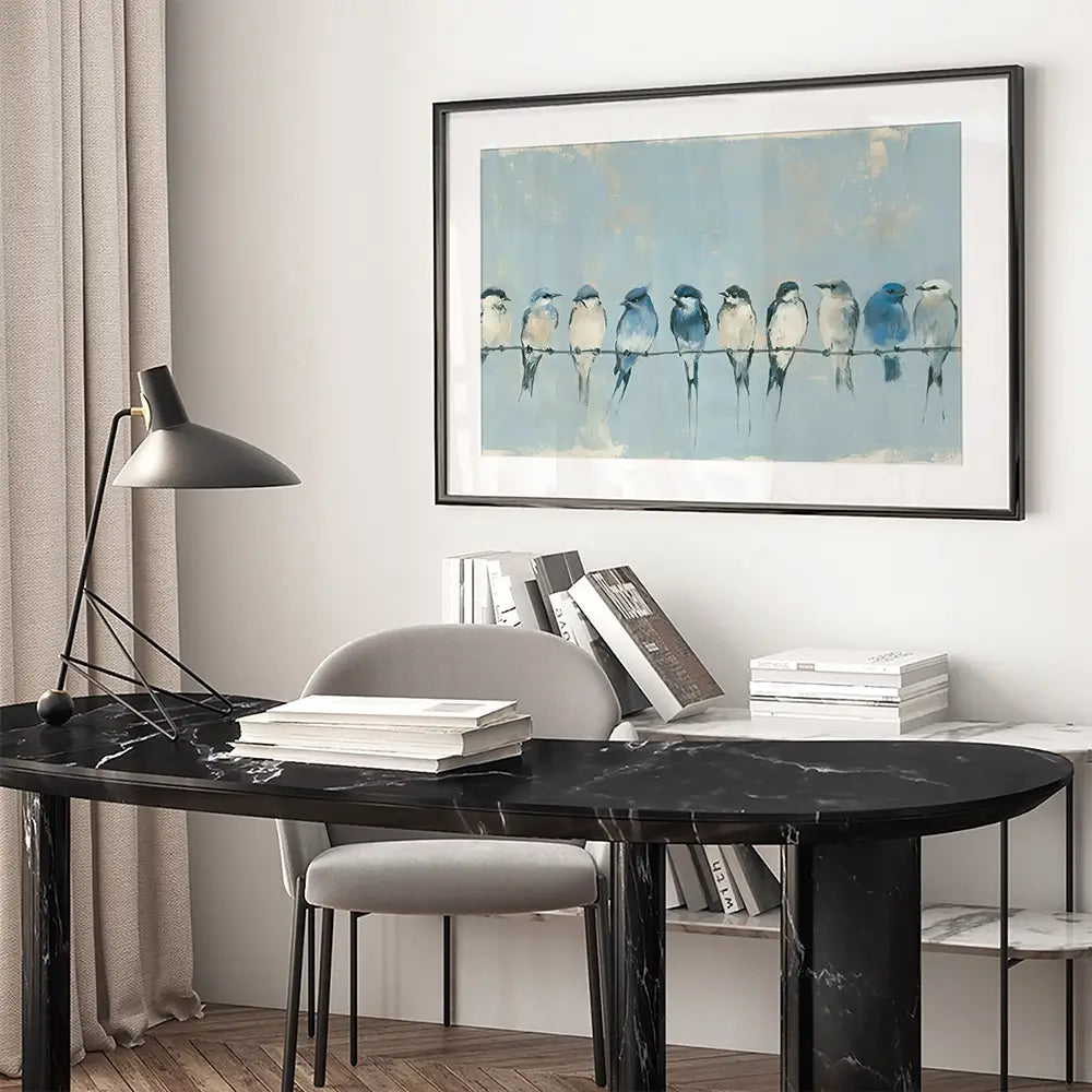 Row Of Birds On Wire Framed Art Print Row Of Birds On Wire Framed Art Print wall art product Chromatic Storm Studio