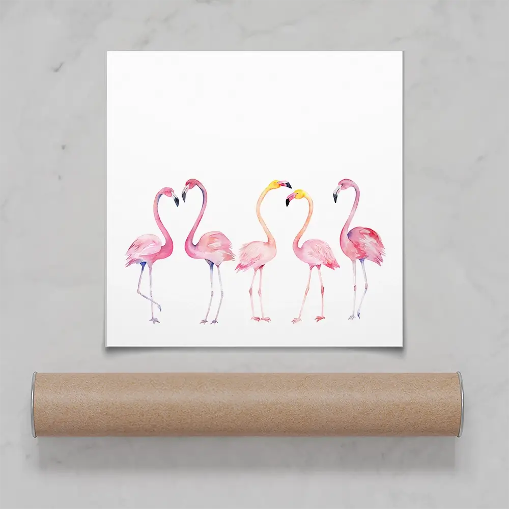 Row Of Flamingos Square Art Print Row Of Flamingos Square Art Print wall art product Art Print Shop