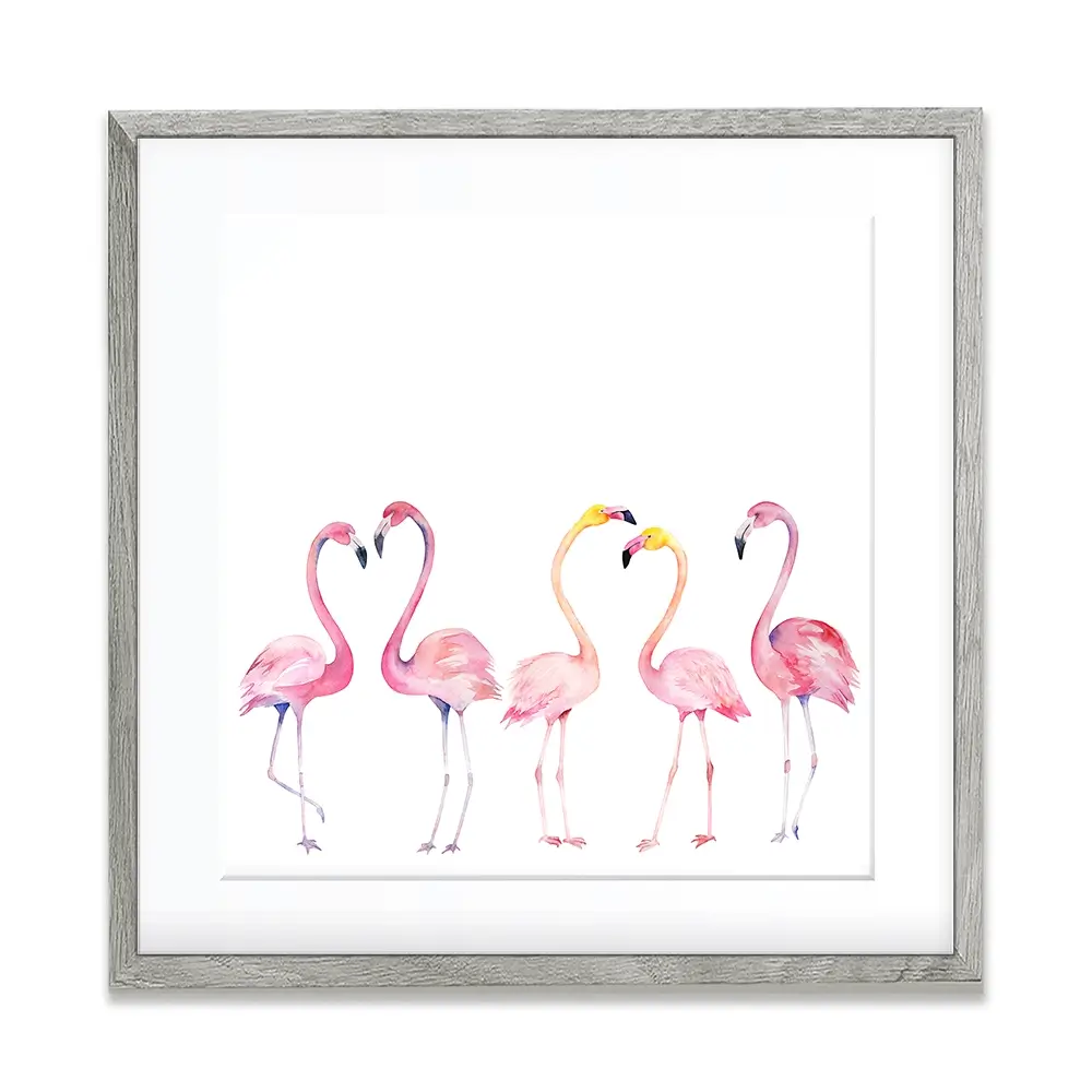 Row Of Flamingos Square Framed Art Print Row Of Flamingos Square Framed Art Print wall art product Art Print Shop