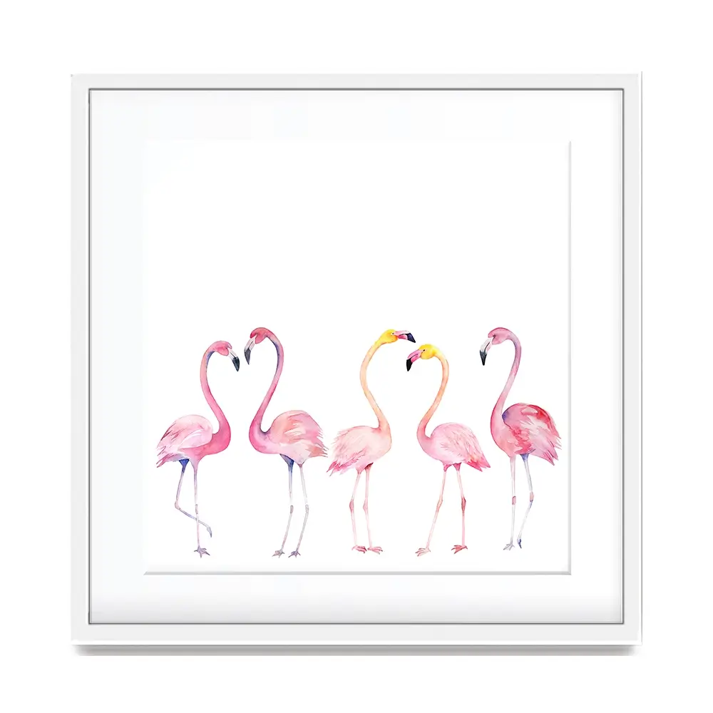 Row Of Flamingos Square Framed Art Print Row Of Flamingos Square Framed Art Print wall art product Art Print Shop