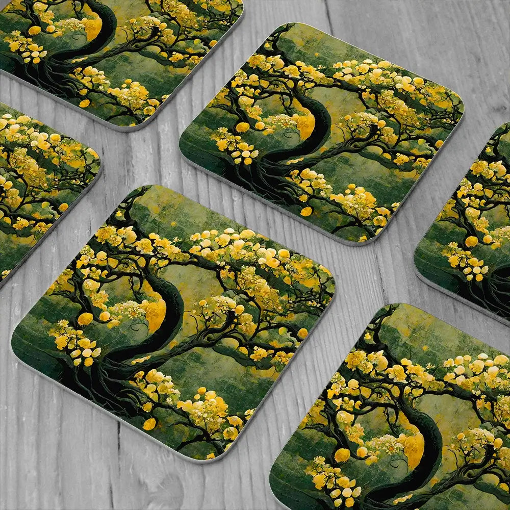 Sakura Tree In Yellow Coaster Set Sakura Tree In Yellow Coaster Set wall art product Art Print Shop