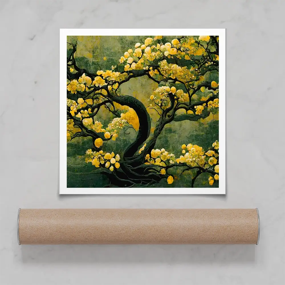 Sakura Tree In Yellow Square Art Print Sakura Tree In Yellow Square Art Print wall art product Art Print Shop