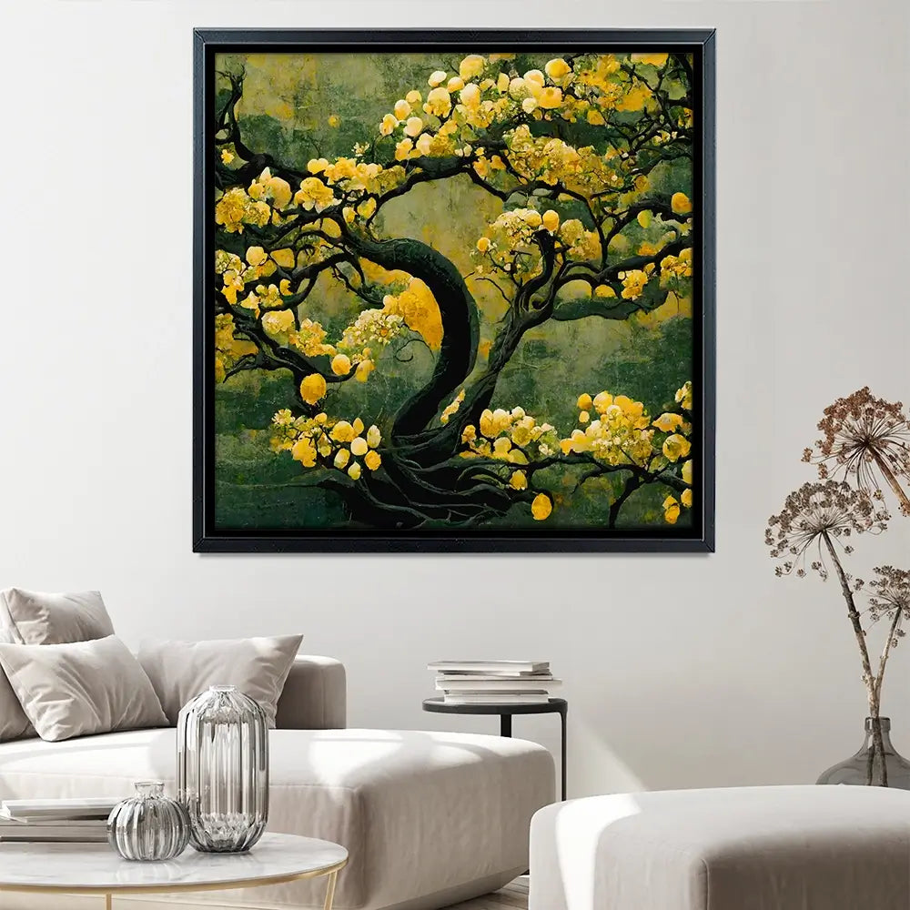 Sakura Tree In Yellow Square Canvas Print Sakura Tree In Yellow Square Canvas Print wall art product Art Print Shop