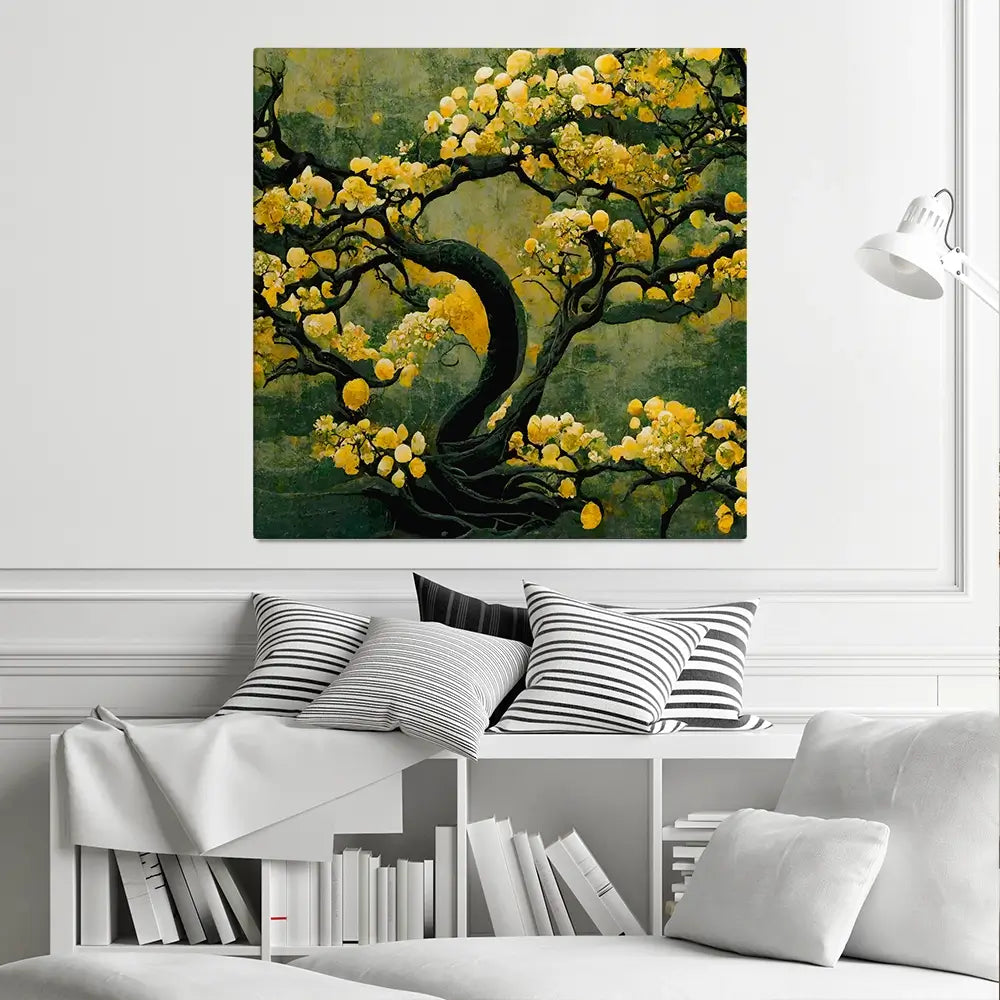 Sakura Tree In Yellow Square Canvas Print Sakura Tree In Yellow Square Canvas Print wall art product Art Print Shop