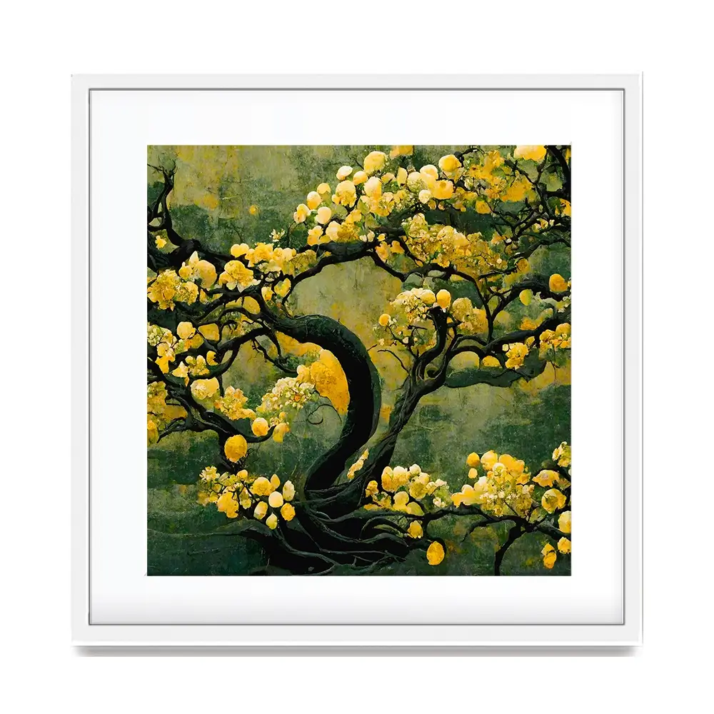 Sakura Tree In Yellow Square Framed Art Print Sakura Tree In Yellow Square Framed Art Print wall art product Art Print Shop