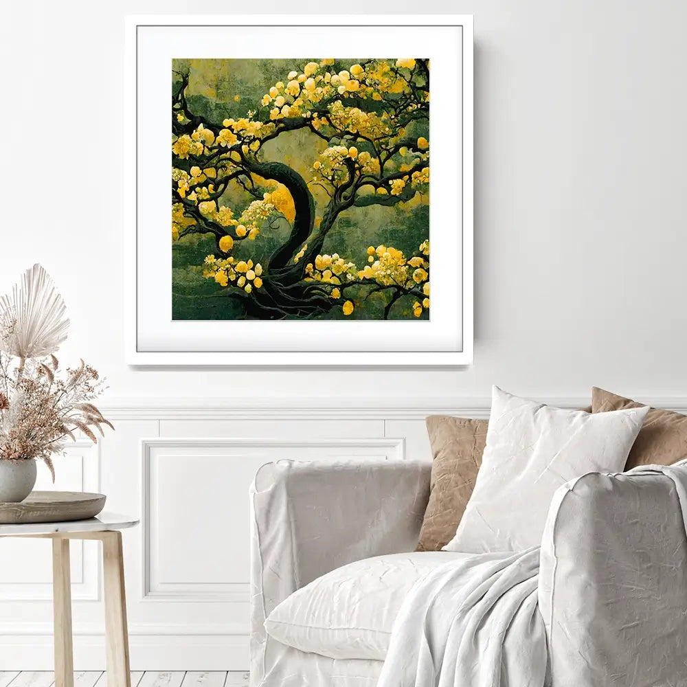 Sakura Tree In Yellow Square Framed Art Print Sakura Tree In Yellow Square Framed Art Print wall art product Art Print Shop
