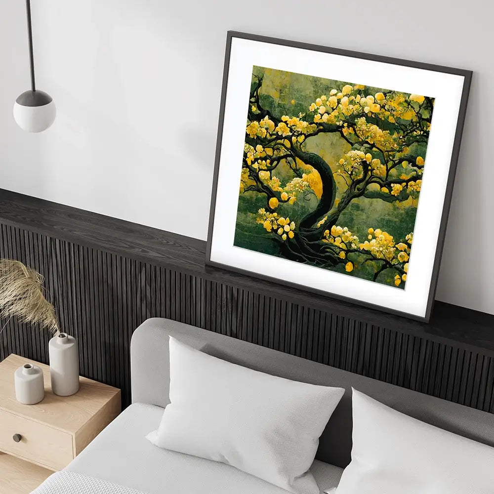 Sakura Tree In Yellow Square Framed Art Print Sakura Tree In Yellow Square Framed Art Print wall art product Art Print Shop
