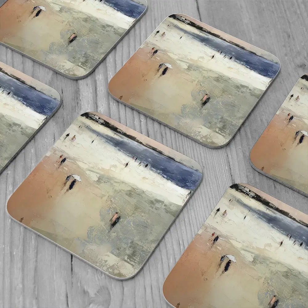 Sandy Beach With White Umbrella Coaster Set Sandy Beach With White Umbrella Coaster Set wall art product Chromatic Storm Studio