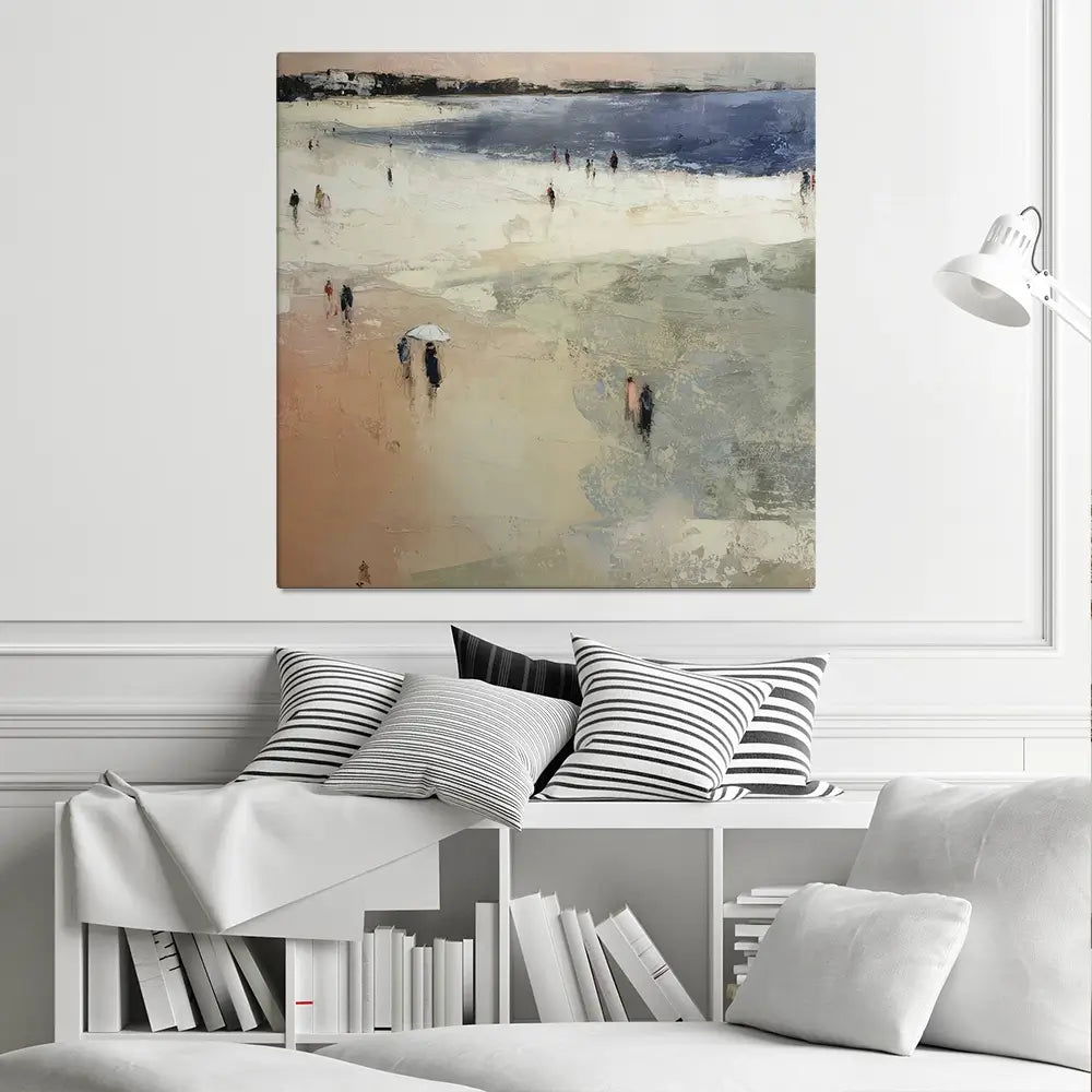Sandy Beach With White Umbrella Square Canvas Print Sandy Beach With White Umbrella Square Canvas Print wall art product Chromatic Storm Studio
