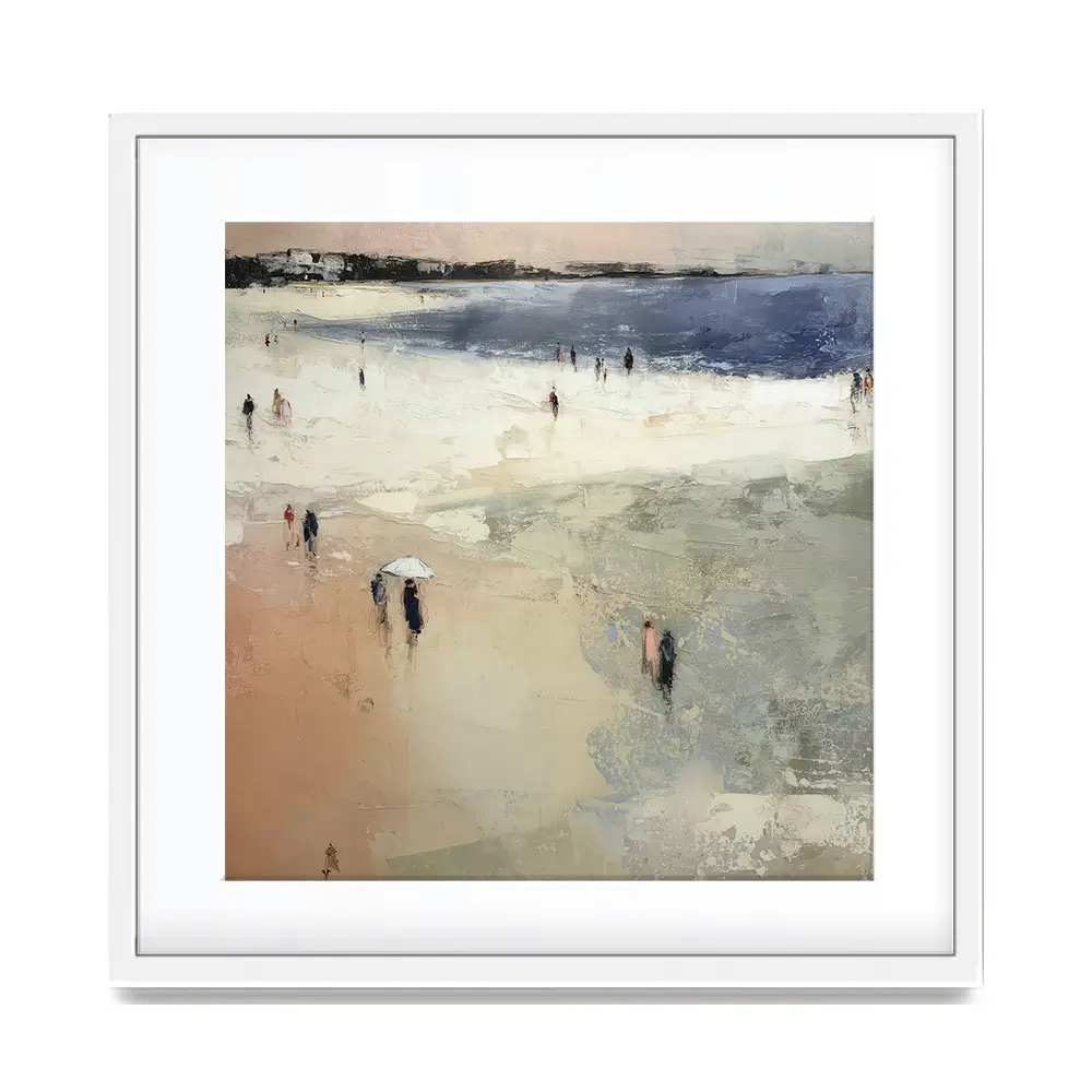 Sandy Beach With White Umbrella Square Framed Art Print Sandy Beach With White Umbrella Square Framed Art Print wall art product Chromatic Storm Studio