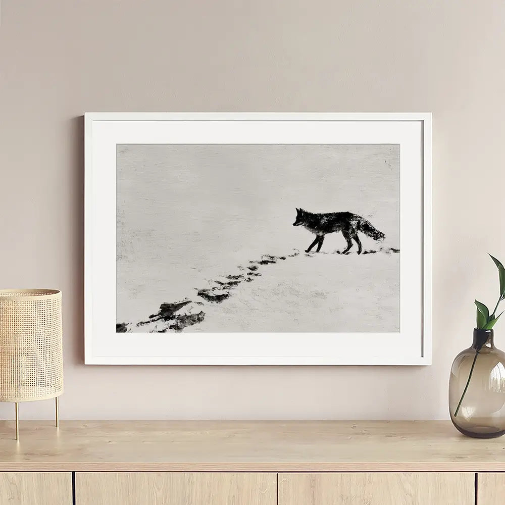 Snow Fox Trail Framed Art Print Snow Fox Trail Framed Art Print wall art product Chromatic Storm Studio