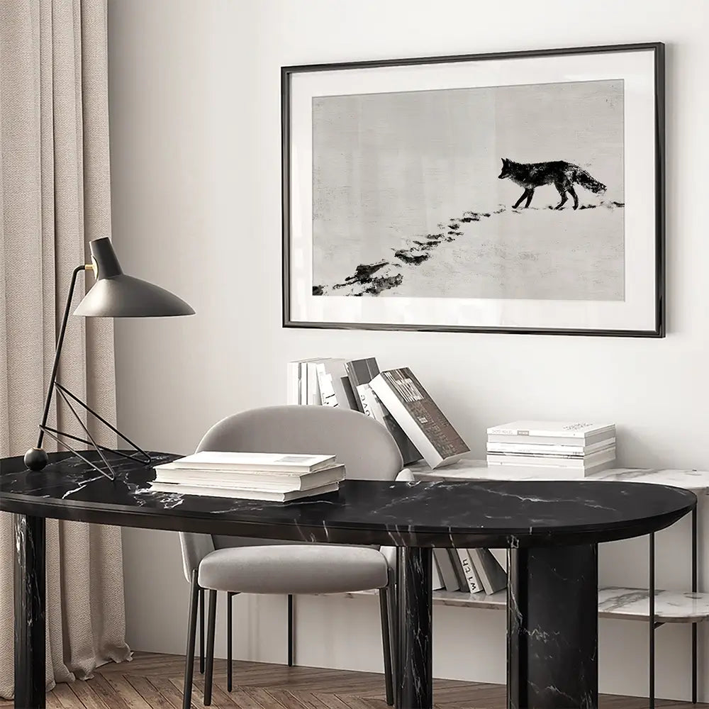 Snow Fox Trail Framed Art Print Snow Fox Trail Framed Art Print wall art product Chromatic Storm Studio