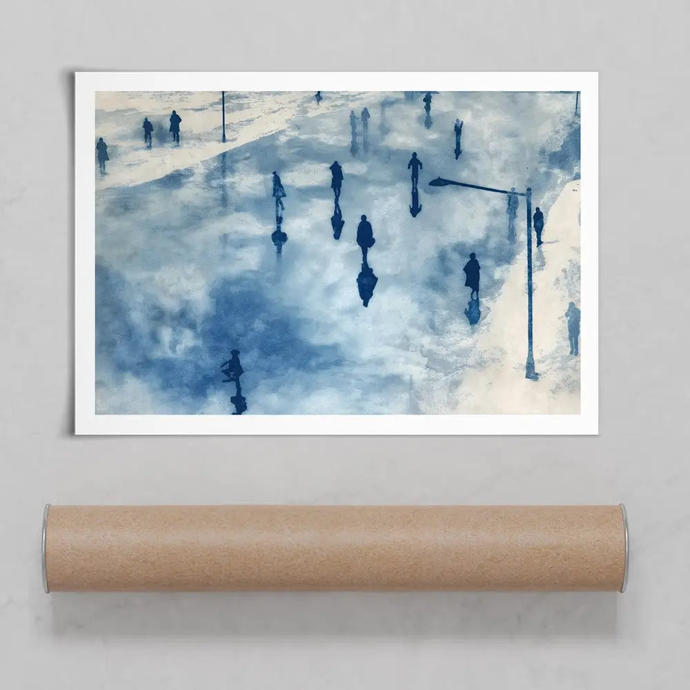 Snowy City Plaza With Walking Figures Art Print Snowy City Plaza With Walking Figures Art Print wall art product Chromatic Storm Studio