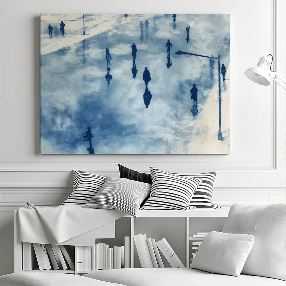 Snowy City Plaza With Walking Figures Canvas Print Snowy City Plaza With Walking Figures Canvas Print wall art product Chromatic Storm Studio