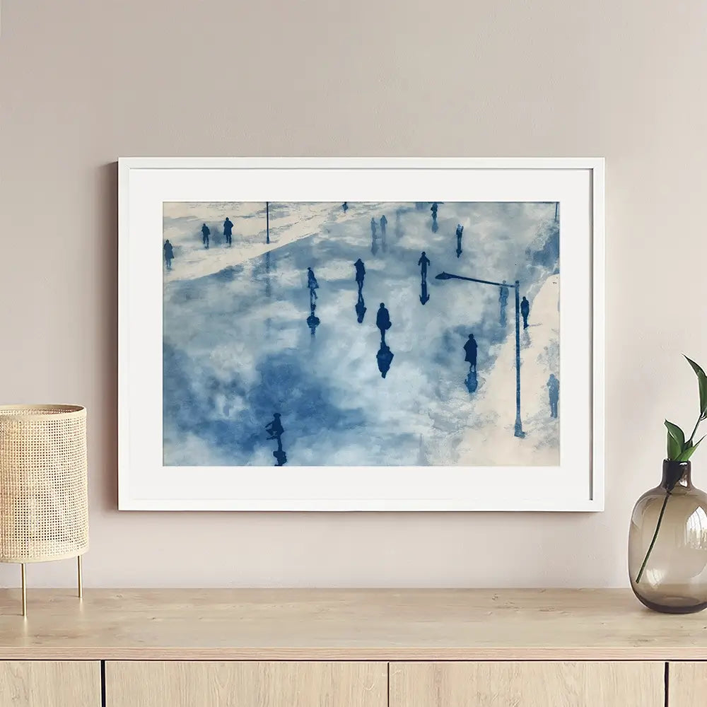 Snowy City Plaza With Walking Figures Framed Art Print Snowy City Plaza With Walking Figures Framed Art Print wall art product Chromatic Storm Studio