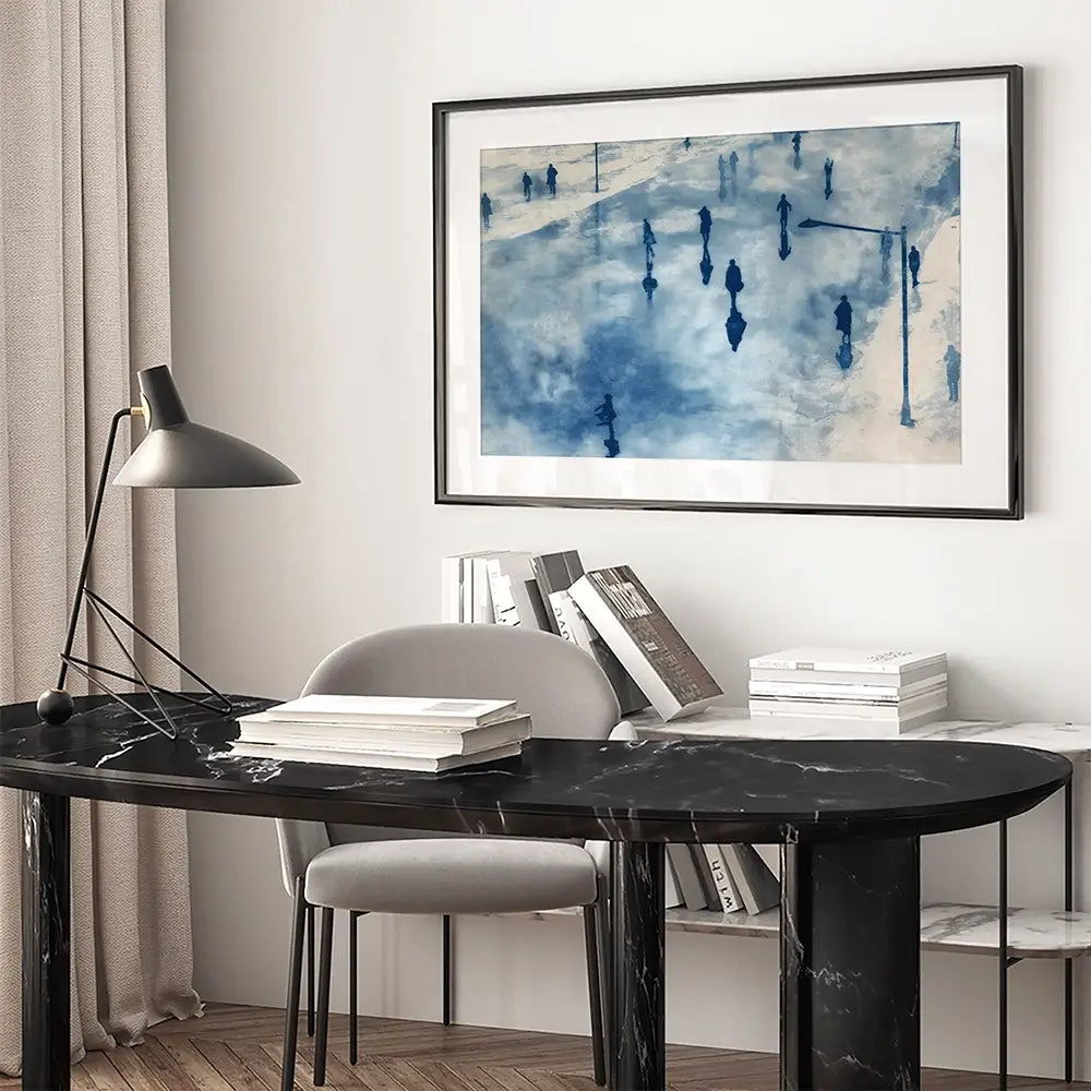 Snowy City Plaza With Walking Figures Framed Art Print Snowy City Plaza With Walking Figures Framed Art Print wall art product Chromatic Storm Studio