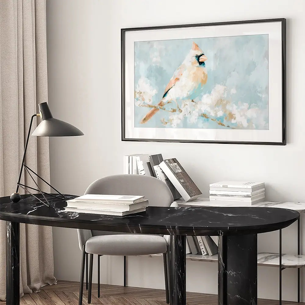 Soft Cardinal On Snowy Branch Framed Art Print Soft Cardinal On Snowy Branch Framed Art Print wall art product Chromatic Storm Studio